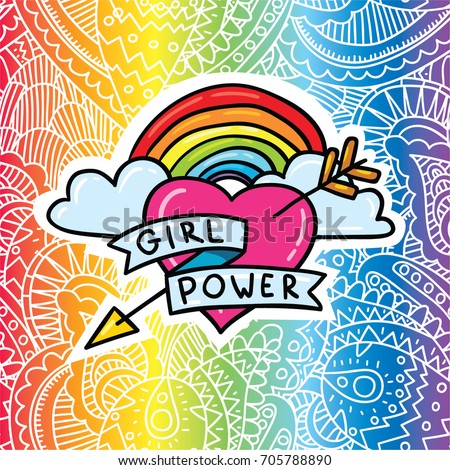 Vector cartoon comic style illustration of arrow heart with rainbow and feminism sign "Girl Power" on lgbt gay background with elegant lace ornament. Freedom and gay lesbian pride symbol 