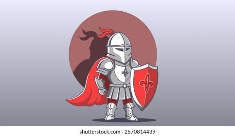 Vector cartoon comic toy ancient knight warrior in armor with shield. Soldier defender hero. Antique military fighter.