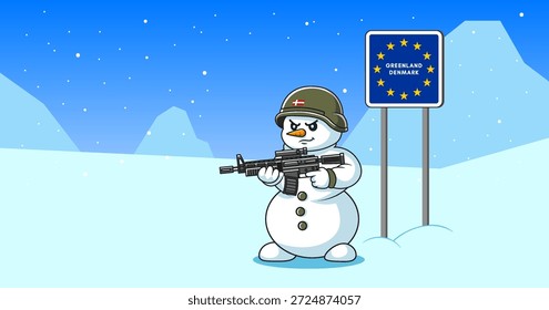 Caricatura de Vector de muñeco de nieve militar sombrío y descontento cómico con un rifle automático y un casco de soldados. Cartel metálico de la Unión Europea, Groenlandia y Dinamarca. Divertido guardia fronterizo de Toon. Hielo, frío