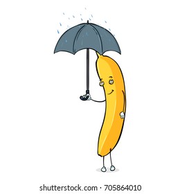Vector Cartoon Comics Character - Banana with Umbrella under the Rain