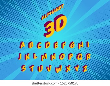 Vector cartoon comics isometric font. Set of letters and numbers isolated. 3D alphabet.