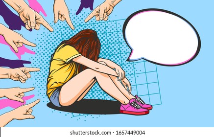 Vector cartoon comics pop art illustration of seating sad girl with many hands and place for text,  bullying with kids