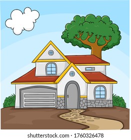 Vector cartoon common house scene with grass yard tree