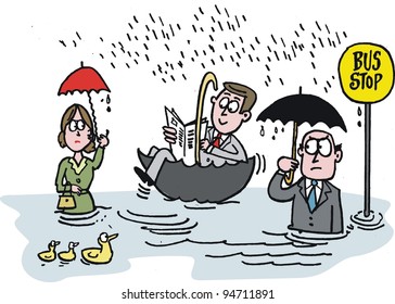 Vector cartoon of commuters waiting in rain at bus stop