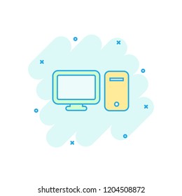 Vector cartoon computer icon in comic style. Monitor sign illustration pictogram. Pc business splash effect concept.