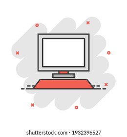 Vector cartoon computer icon in comic style. Monitor sign illustration pictogram. Pc business splash effect concept.