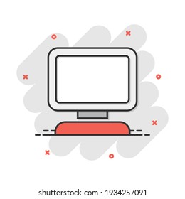 Vector cartoon computer icon in comic style. Monitor sign illustration pictogram. Pc business splash effect concept.