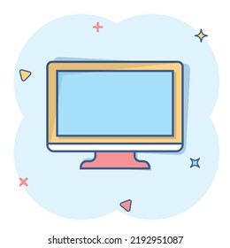 Vector cartoon computer icon in comic style. Monitor sign illustration pictogram. Tv business splash effect concept.
