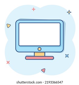 Vector cartoon computer icon in comic style. Monitor sign illustration pictogram. Tv business splash effect concept.
