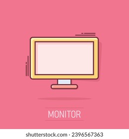 Vector cartoon computer icon in comic style. Monitor sign illustration pictogram. Tv business splash effect concept.