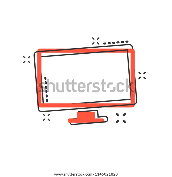 Vector\
cartoon computer icon in comic style. Monitor sign illustration\
pictogram. Tv business splash effect\
concept.