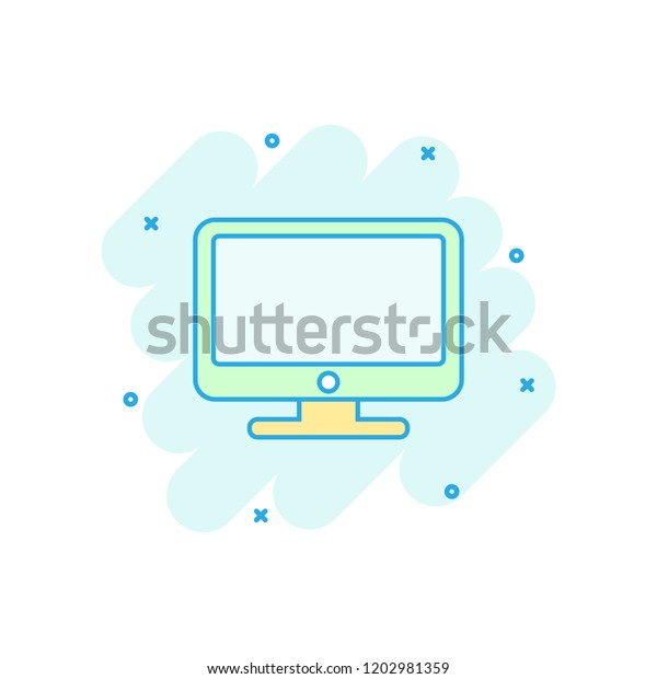 Vector\
cartoon computer icon in comic style. Monitor sign illustration\
pictogram. Tv business splash effect\
concept.