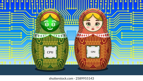 Vector cartoon computer russian national red nesting doll. Green smiling matryoshka with screen face. Toon microcircuit and processor. Toy with CPU