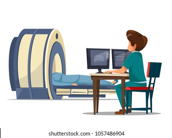 Vector cartoon computer tomography ct or magnetic resonance imaging mri patient scanning concept. Man doctor in medical uniform makes diagnostic tests, screening of body looking at monitor in clinic.
