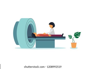 Vector cartoon computeromography scanner machine with patient and doctor