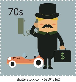 Vector cartoon concept of 70s like a formal suite and car money in bag personal old telephone