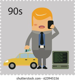 Vector cartoon concept of 90s like a business suite and sport car and credit card money personal and desktop computer customer mobile phone