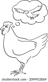 Vector cartoon conceptual illustration of chicken or hen dreaming or thinking about flying like eagle.