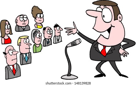 Vector cartoon of confident businessman giving speech before audience