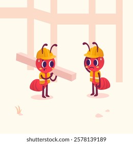 Vector cartoon of construction worker ants talking to each other about how tired their work is