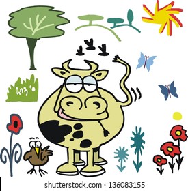 Vector cartoon of contented cow on farm.