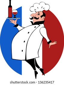 Vector cartoon of a cook with mustache in chef uniform carrying a tray bottle of wine and a glass