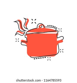 Vector cartoon cooking pan icon in comic style. Kitchen pot concept illustration pictogram. Saucepan equipment business splash effect concept.