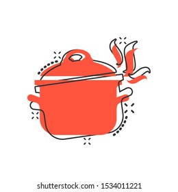 Vector cartoon cooking pan icon in comic style. Saucepan equipment business splash effect concept.