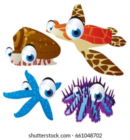 vector cartoon cool funny bright colored sea life animal illustration: conus, turtle, seastars
