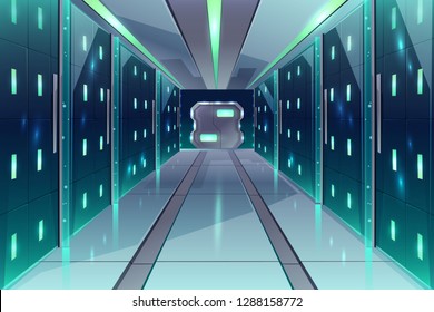 Vector cartoon corridor in a spaceship, datacenter with server racks. The illuminated passage in a shuttle, bright control room with database. Computer hardware, equipment inside of alien rocket.