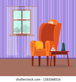 Vector cartoon cosy interior of living room with armchair, table with teapot and coffee cup, books on it. Cat sleeping on the back of the chair. At home illustration with winter view in the window.