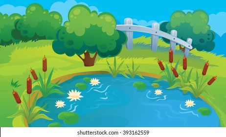 Vector cartoon country background of pond and shrub