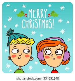 Vector cartoon couple, Christmas and New Year greeting card design template with cute characters on snowy winter background