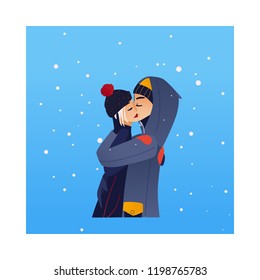 Vector cartoon couple kissing and hugging at winter standing in warm clothing, hat and boots. Young man and woman lovers express care and love romantic characters on snowfall background