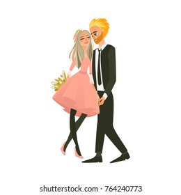 vector cartoon couple in love holding hands and hugging each other with care. Cute beautiful girl in pink dress holding flowers bouquet, man in tuxedo. illustration isolated on a white background.