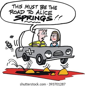 Vector cartoon of couple in old car bumping along outback road in Australia