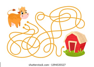 Vector cartoon cow and barn in children`s style. Vector illustration for children's books. Labyrinth. Educational game for children.