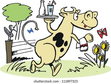 Vector cartoon of cow carrying tray with glass of milk.