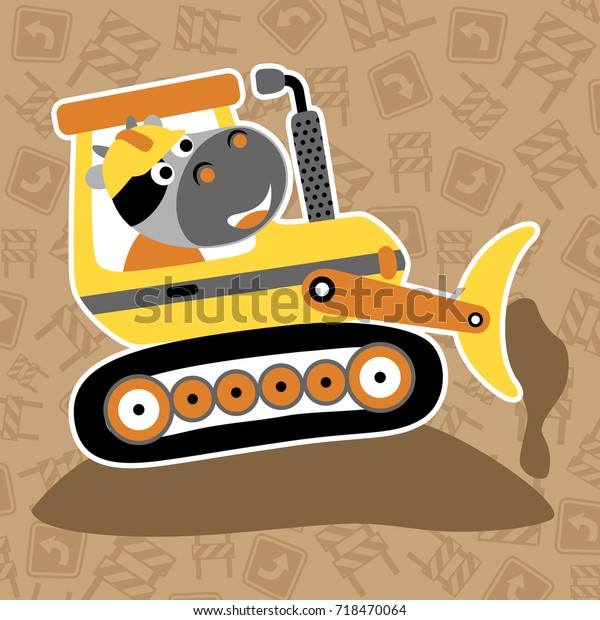 vector cartoon of cow drive a\
construction vehicle on construction signs background\
pattern