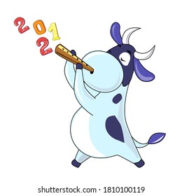 Vector cartoon cow plays the flute on a white background isolated. Symbol 2021
