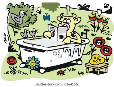Vector cartoon of cow relaxing in bath