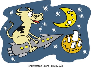 Vector cartoon cow riding rocket to moon