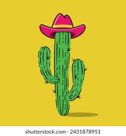 Vector cartoon cowboy cactus plant with hat