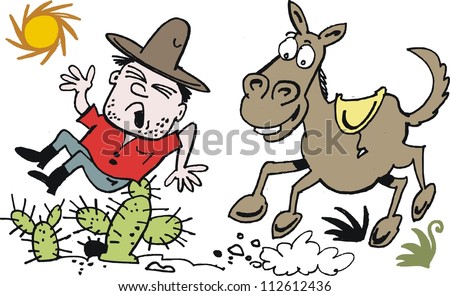 Vector cartoon of cowboy falling off horse.