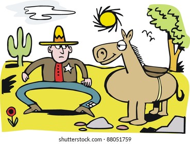 Vector cartoon of cowboy with large horse.