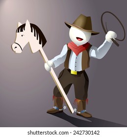 Vector cartoon cowboy, on a horse, with a whip. The faceless man. Cowboy on a horse. Cowboy with a whip in flat style