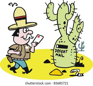 Vector cartoon of cowboy posting letter in desert mailbox