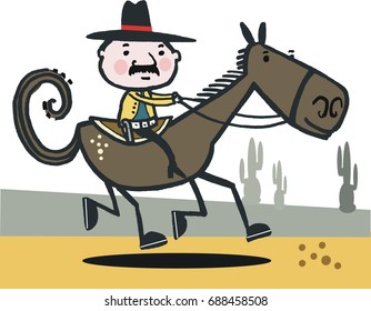 Vector cartoon of cowboy riding horse in desert.