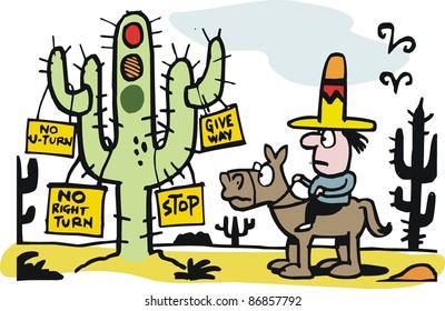 Vector cartoon of cowboy stopped at traffic light in desert.