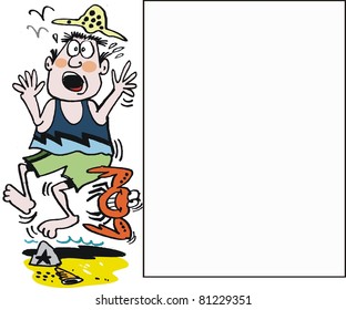 Vector cartoon of crab biting man on beach